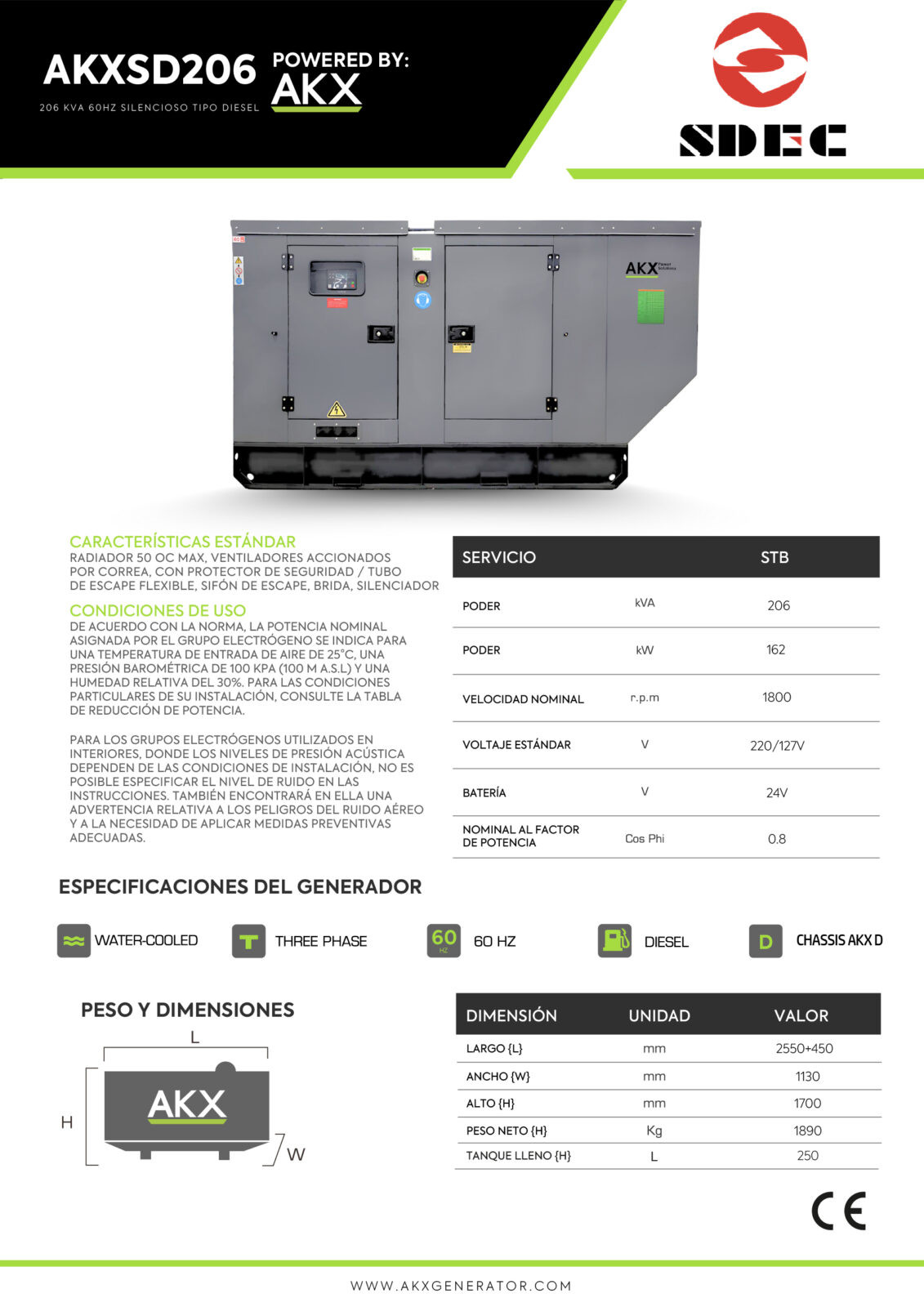 Ficha tecnica-206 KVA SDEC-AKX-GENERATOR